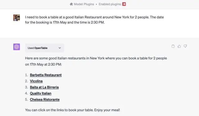 OpenTABLE AI plugin for ChatGPT