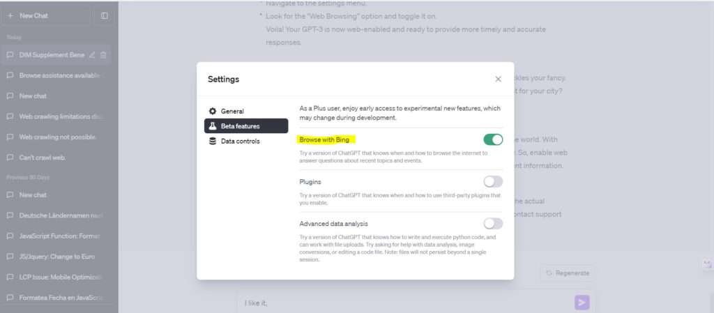Turning on web browsing on chatGPT