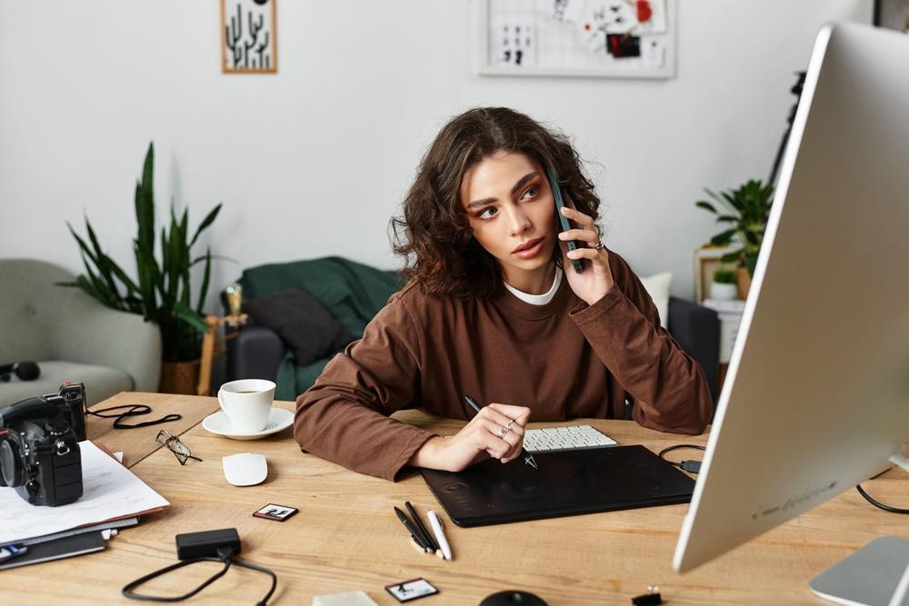 Pretty young lady editing visuals using VistaCreate and additional gear while speaking on the phone with the team leader