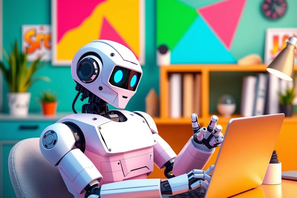 A humanoid robot designs a website in a funky, creative office, presented as an inspired logo of bright, vibrant, geometric shapes with clean lines, emphasizing balance and visual clarity
