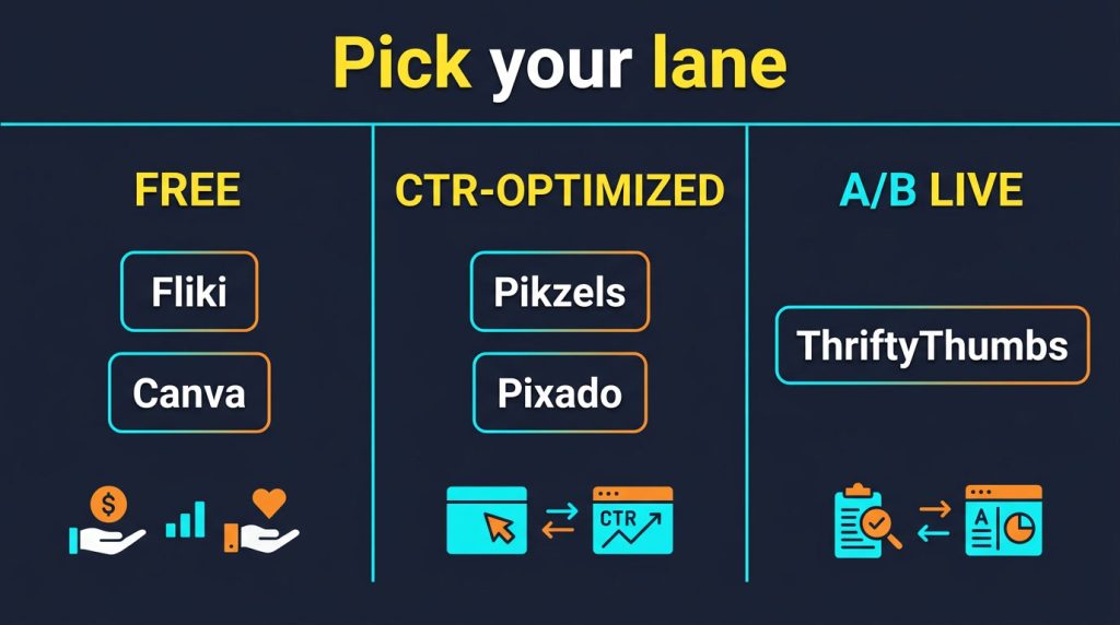 AI thumbnail maker decision lanes: free, CTR-optimized, and A/B live